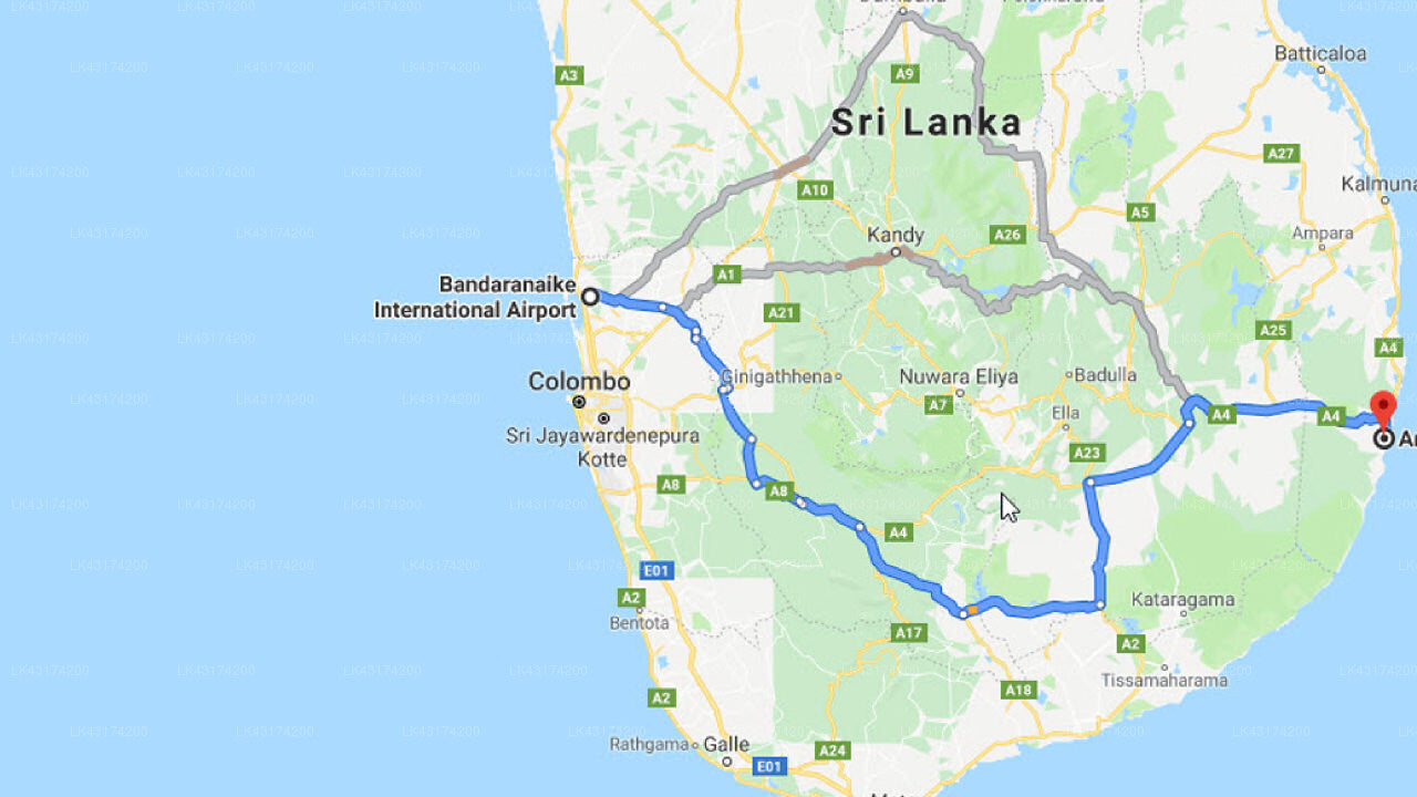 Transfer between Colombo (CMB) Airport and Kottukal Beach House, Arugam Bay