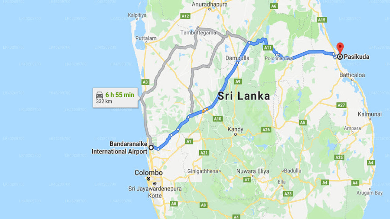 Transfer between Colombo (CMB) Airport and Sunrise by Jetwing, Pasikuda